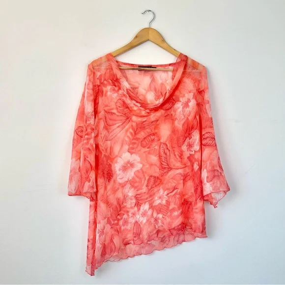 Vintage Picadilly Orange and Pink Floral Asymmetrical Sheer Blouse 3/4 Sleeves - Picture 4 of 15